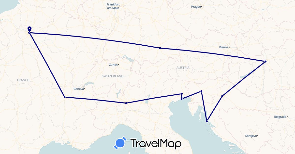 TravelMap itinerary: driving in Germany, France, Croatia, Hungary, Italy, Slovenia (Europe)